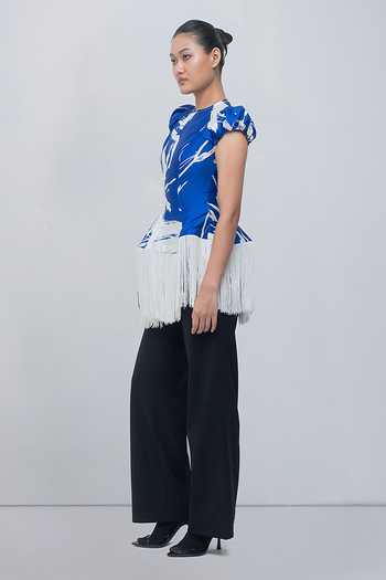 Leh Studios_Blue Viscose, Polyester High Neck Bea Printed Top _Online_at_Aza_Fashions