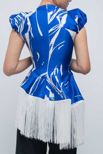 Buy_Leh Studios_Blue Viscose, Polyester High Neck Bea Printed Top _Online_at_Aza_Fashions