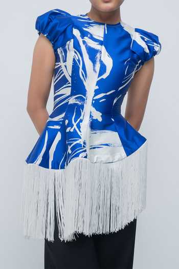 Shop_Leh Studios_Blue Viscose, Polyester High Neck Bea Printed Top _Online_at_Aza_Fashions