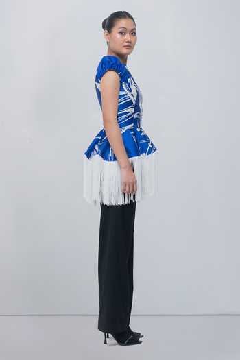 Leh Studios_Blue Viscose, Polyester High Neck Bea Printed Top _at_Aza_Fashions