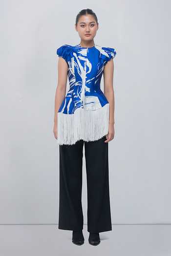 Buy_Leh Studios_Blue Viscose, Polyester High Neck Bea Printed Top 