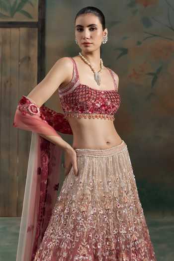 Opus Atelier Red Net Square Neck Sequin Hand Embroidered Lehenga Set Online at Aza Fashions Opus Atelier_Red Net Square Neck Sequin Hand Embroidered Lehenga Set _Online_at_Aza_Fashions