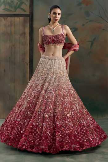 Buy Opus Atelier Red Net Square Neck Sequin Hand Embroidered Lehenga Set Online at Aza Fashions Buy_Opus Atelier_Red Net Square Neck Sequin Hand Embroidered Lehenga Set _Online_at_Aza_Fashions