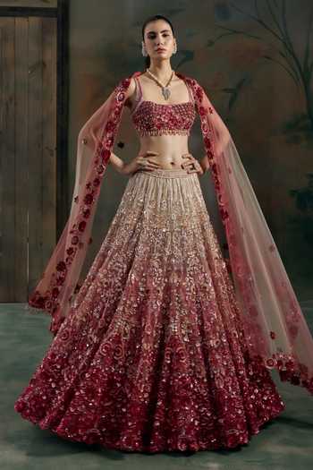 Shop Opus Atelier Red Net Square Neck Sequin Hand Embroidered Lehenga Set Online at Aza Fashions Shop_Opus Atelier_Red Net Square Neck Sequin Hand Embroidered Lehenga Set _Online_at_Aza_Fashions