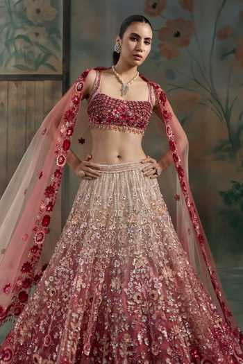 Opus Atelier Red Net Square Neck Sequin Hand Embroidered Lehenga Set at Aza Fashions Opus Atelier_Red Net Square Neck Sequin Hand Embroidered Lehenga Set _at_Aza_Fashions