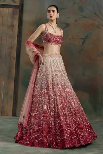 Buy Opus Atelier Red Net Square Neck Sequin Hand Embroidered Lehenga Set Buy_Opus Atelier_Red Net Square Neck Sequin Hand Embroidered Lehenga Set