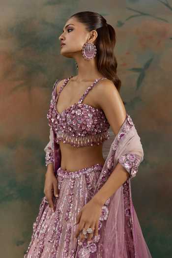 Opus Atelier Pink Net Sweetheart Neck Floral Embroidered Lehenga Set Online at Aza Fashions Opus Atelier_Pink Net Sweetheart Neck Floral Embroidered Lehenga Set _Online_at_Aza_Fashions