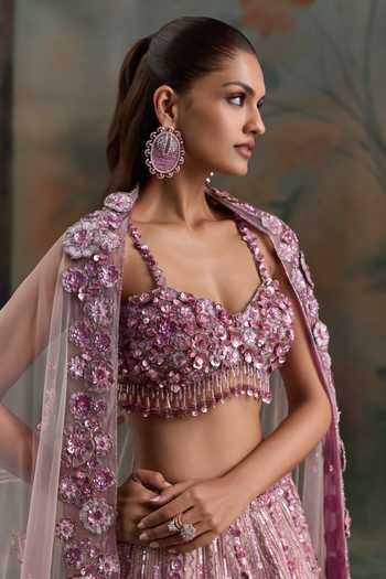 Shop Opus Atelier Pink Net Sweetheart Neck Floral Embroidered Lehenga Set Online at Aza Fashions Shop_Opus Atelier_Pink Net Sweetheart Neck Floral Embroidered Lehenga Set _Online_at_Aza_Fashions