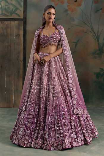 Opus Atelier Pink Net Sweetheart Neck Floral Embroidered Lehenga Set at Aza Fashions Opus Atelier_Pink Net Sweetheart Neck Floral Embroidered Lehenga Set _at_Aza_Fashions
