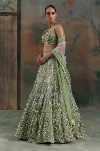 Buy Opus Atelier Green Net Sweetheart Neck Sequin Embroidered Lehenga Set Online at Aza Fashions Buy_Opus Atelier_Green Net Sweetheart Neck Sequin Embroidered Lehenga Set _Online_at_Aza_Fashions