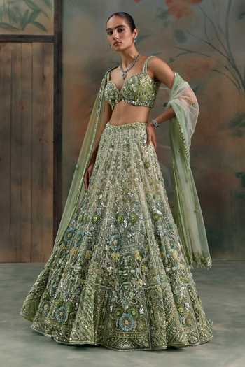 Shop Opus Atelier Green Net Sweetheart Neck Sequin Embroidered Lehenga Set Online at Aza Fashions Shop_Opus Atelier_Green Net Sweetheart Neck Sequin Embroidered Lehenga Set _Online_at_Aza_Fashions
