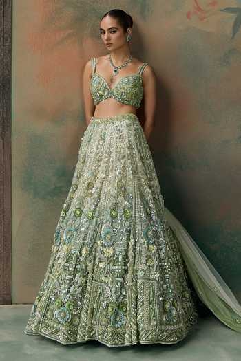 Buy Opus Atelier Green Net Sweetheart Neck Sequin Embroidered Lehenga Set Buy_Opus Atelier_Green Net Sweetheart Neck Sequin Embroidered Lehenga Set