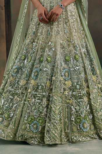 Shop Opus Atelier Green Net Sweetheart Neck Sequin Embroidered Lehenga Set Shop_Opus Atelier_Green Net Sweetheart Neck Sequin Embroidered Lehenga Set