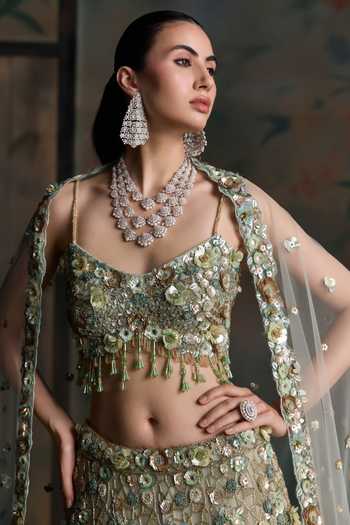 Opus Atelier Green Net, Silk Sweetheart Neck 3d Floral Embroidered Lehenga Set Online at Aza Fashions Opus Atelier_Green Net, Silk Sweetheart Neck 3d Floral Embroidered Lehenga Set _Online_at_Aza_Fashions