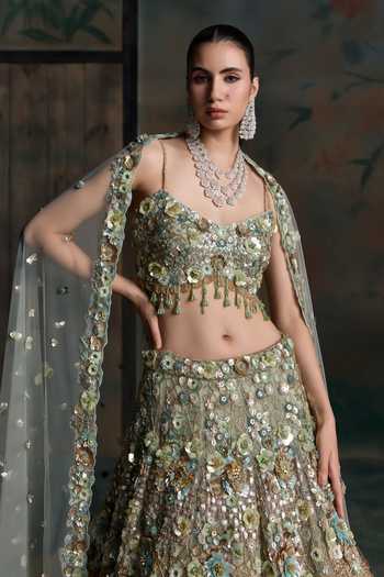 Buy Opus Atelier Green Net, Silk Sweetheart Neck 3d Floral Embroidered Lehenga Set Online at Aza Fashions Buy_Opus Atelier_Green Net, Silk Sweetheart Neck 3d Floral Embroidered Lehenga Set _Online_at_Aza_Fashions