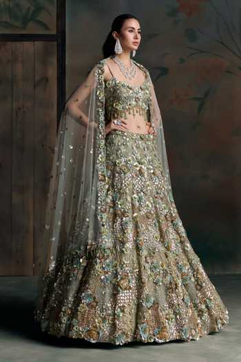 Shop Opus Atelier Green Net, Silk Sweetheart Neck 3d Floral Embroidered Lehenga Set Online at Aza Fashions Shop_Opus Atelier_Green Net, Silk Sweetheart Neck 3d Floral Embroidered Lehenga Set _Online_at_Aza_Fashions