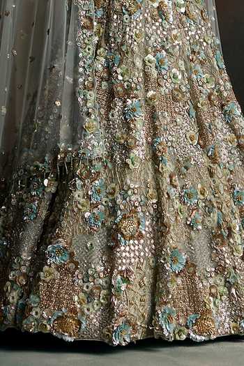 Opus Atelier Green Net, Silk Sweetheart Neck 3d Floral Embroidered Lehenga Set at Aza Fashions Opus Atelier_Green Net, Silk Sweetheart Neck 3d Floral Embroidered Lehenga Set _at_Aza_Fashions