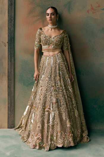 Shop Opus Atelier Gold Net Sweetheart Neck Embroidered Lehenga Set Online at Aza Fashions Shop_Opus Atelier_Gold Net Sweetheart Neck Embroidered Lehenga Set _Online_at_Aza_Fashions