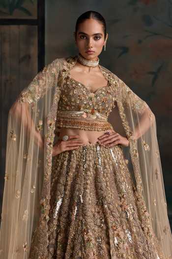 Opus Atelier Gold Net Sweetheart Neck Embroidered Lehenga Set at Aza Fashions Opus Atelier_Gold Net Sweetheart Neck Embroidered Lehenga Set _at_Aza_Fashions