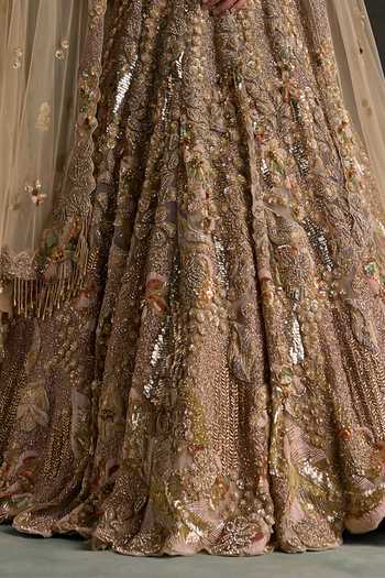 Buy Opus Atelier Gold Net Sweetheart Neck Embroidered Lehenga Set Buy_Opus Atelier_Gold Net Sweetheart Neck Embroidered Lehenga Set