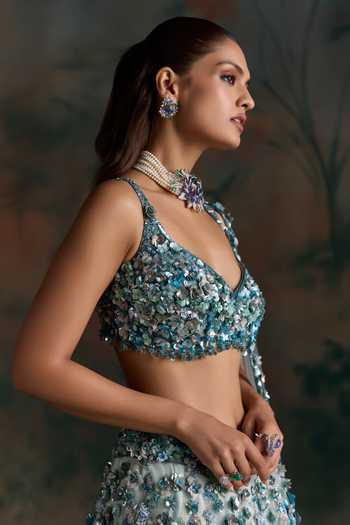 Opus Atelier Blue Net Sweetheart Neck Floral Applique Work Lehenga Set Online at Aza Fashions Opus Atelier_Blue Net Sweetheart Neck Floral Applique Work Lehenga Set _Online_at_Aza_Fashions