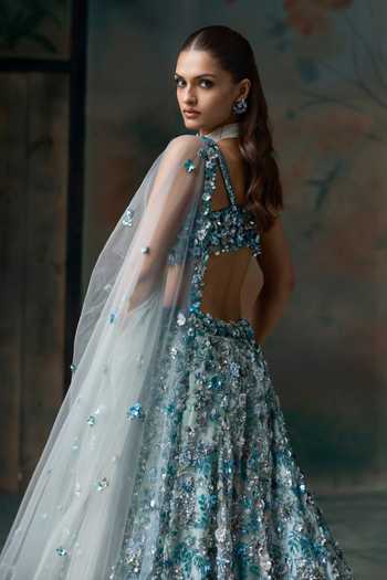Buy Opus Atelier Blue Net Sweetheart Neck Floral Applique Work Lehenga Set Online at Aza Fashions Buy_Opus Atelier_Blue Net Sweetheart Neck Floral Applique Work Lehenga Set _Online_at_Aza_Fashions