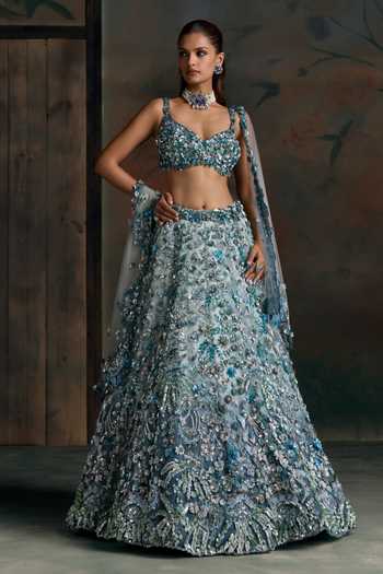 Shop Opus Atelier Blue Net Sweetheart Neck Floral Applique Work Lehenga Set Online at Aza Fashions Shop_Opus Atelier_Blue Net Sweetheart Neck Floral Applique Work Lehenga Set _Online_at_Aza_Fashions