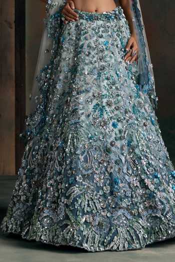 Buy Opus Atelier Blue Net Sweetheart Neck Floral Applique Work Lehenga Set Buy_Opus Atelier_Blue Net Sweetheart Neck Floral Applique Work Lehenga Set