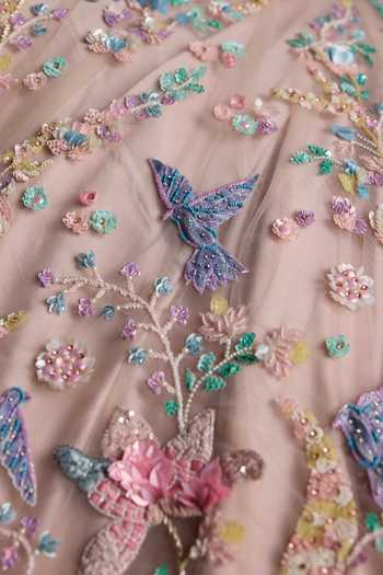Opus Atelier Pink Net V-neck Bird Embroidered Lehenga Set Online at Aza Fashions Opus Atelier_Pink Net V-neck Bird Embroidered Lehenga Set _Online_at_Aza_Fashions