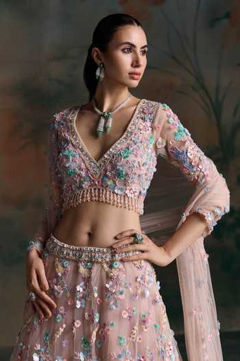 Buy Opus Atelier Pink Net V-neck Bird Embroidered Lehenga Set Online at Aza Fashions Buy_Opus Atelier_Pink Net V-neck Bird Embroidered Lehenga Set _Online_at_Aza_Fashions