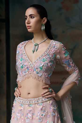 Shop Opus Atelier Pink Net V-neck Bird Embroidered Lehenga Set Online at Aza Fashions Shop_Opus Atelier_Pink Net V-neck Bird Embroidered Lehenga Set _Online_at_Aza_Fashions