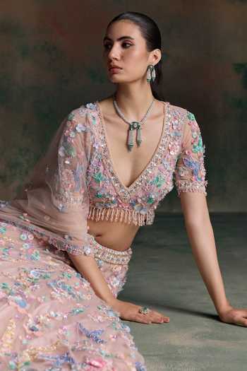Opus Atelier Pink Net V-neck Bird Embroidered Lehenga Set at Aza Fashions Opus Atelier_Pink Net V-neck Bird Embroidered Lehenga Set _at_Aza_Fashions