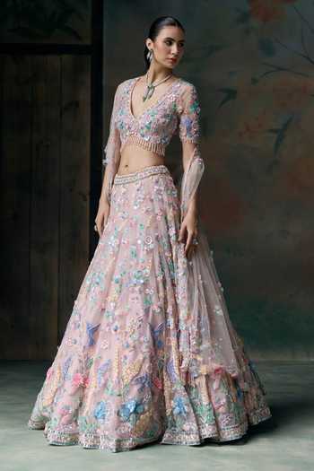 Buy Opus Atelier Pink Net V-neck Bird Embroidered Lehenga Set Buy_Opus Atelier_Pink Net V-neck Bird Embroidered Lehenga Set