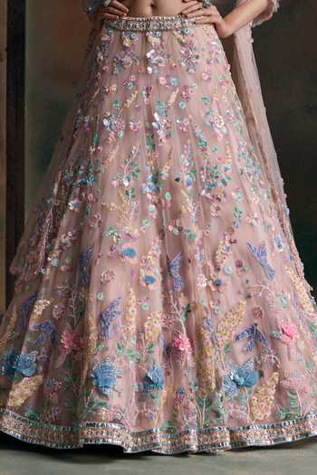 Shop Opus Atelier Pink Net V-neck Bird Embroidered Lehenga Set Shop_Opus Atelier_Pink Net V-neck Bird Embroidered Lehenga Set