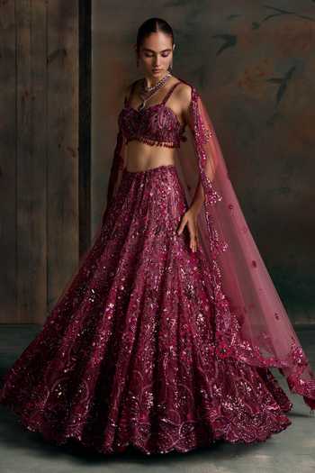Shop Opus Atelier Wine Silk, Net Sweetheart Neck Ombre Embroidered Lehenga Set Online at Aza Fashions Shop_Opus Atelier_Wine Silk, Net Sweetheart Neck Ombre Embroidered Lehenga Set _Online_at_Aza_Fashions
