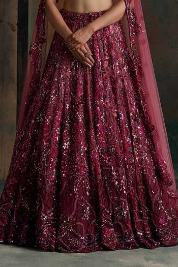 Opus Atelier Wine Silk, Net Sweetheart Neck Ombre Embroidered Lehenga Set at Aza Fashions Opus Atelier_Wine Silk, Net Sweetheart Neck Ombre Embroidered Lehenga Set _at_Aza_Fashions