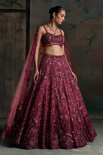 Buy Opus Atelier Wine Silk, Net Sweetheart Neck Ombre Embroidered Lehenga Set Buy_Opus Atelier_Wine Silk, Net Sweetheart Neck Ombre Embroidered Lehenga Set