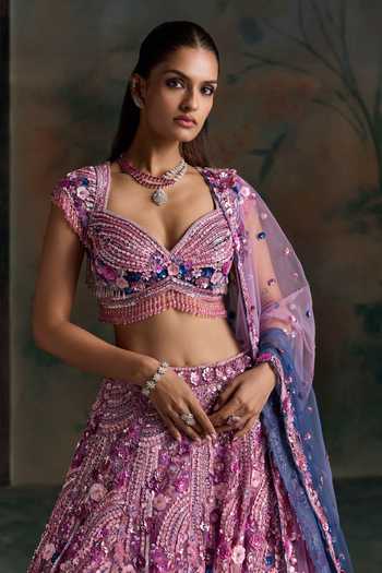 Buy Opus Atelier Pink Silk, Net Sweetheart Neck Floral Motif Lehenga Set Online at Aza Fashions Buy_Opus Atelier_Pink Silk, Net Sweetheart Neck Floral Motif Lehenga Set _Online_at_Aza_Fashions