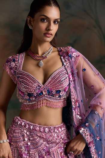 Shop Opus Atelier Pink Silk, Net Sweetheart Neck Floral Motif Lehenga Set Online at Aza Fashions Shop_Opus Atelier_Pink Silk, Net Sweetheart Neck Floral Motif Lehenga Set _Online_at_Aza_Fashions