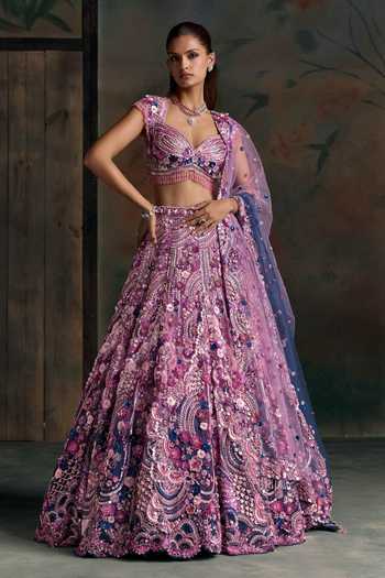 Opus Atelier Pink Silk, Net Sweetheart Neck Floral Motif Lehenga Set at Aza Fashions Opus Atelier_Pink Silk, Net Sweetheart Neck Floral Motif Lehenga Set _at_Aza_Fashions