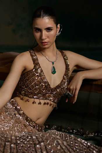 Opus Atelier Brown Net, Silk Plunge Neck Embroidered Lehenga Set Online at Aza Fashions Opus Atelier_Brown Net, Silk Plunge Neck Embroidered Lehenga Set _Online_at_Aza_Fashions