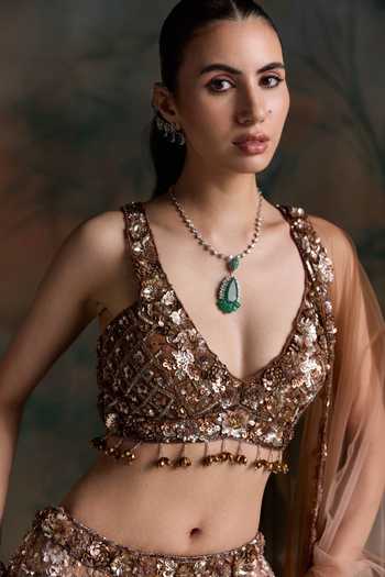 Shop Opus Atelier Brown Net, Silk Plunge Neck Embroidered Lehenga Set Online at Aza Fashions Shop_Opus Atelier_Brown Net, Silk Plunge Neck Embroidered Lehenga Set _Online_at_Aza_Fashions