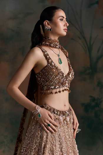 Opus Atelier Brown Net, Silk Plunge Neck Embroidered Lehenga Set at Aza Fashions Opus Atelier_Brown Net, Silk Plunge Neck Embroidered Lehenga Set _at_Aza_Fashions