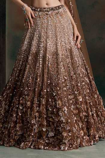 Buy Opus Atelier Brown Net, Silk Plunge Neck Embroidered Lehenga Set Buy_Opus Atelier_Brown Net, Silk Plunge Neck Embroidered Lehenga Set