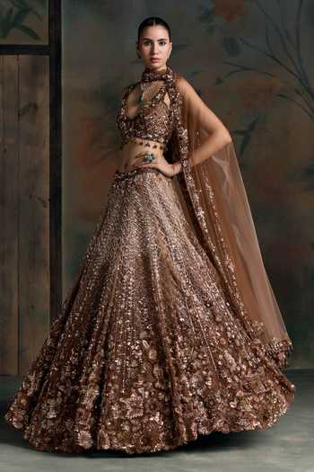 Shop Opus Atelier Brown Net, Silk Plunge Neck Embroidered Lehenga Set Shop_Opus Atelier_Brown Net, Silk Plunge Neck Embroidered Lehenga Set