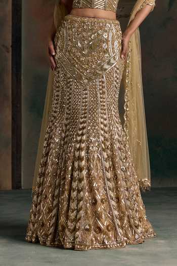 Buy Opus Atelier Gold Net, Silk Sweetheart Neck Embroidered Corset Lehenga Set Buy_Opus Atelier_Gold Net, Silk Sweetheart Neck Embroidered Corset Lehenga Set