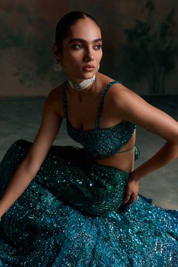 Opus Atelier Green Net, Lycra Sweetheart Neck Sequin Embellished Lehenga Set Online at Aza Fashions Opus Atelier_Green Net, Lycra Sweetheart Neck Sequin Embellished Lehenga Set _Online_at_Aza_Fashions