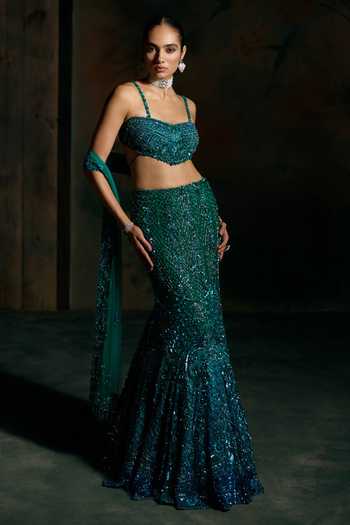 Buy Opus Atelier Green Net, Lycra Sweetheart Neck Sequin Embellished Lehenga Set Online at Aza Fashions Buy_Opus Atelier_Green Net, Lycra Sweetheart Neck Sequin Embellished Lehenga Set _Online_at_Aza_Fashions