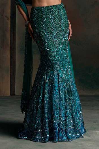 Buy Opus Atelier Green Net, Lycra Sweetheart Neck Sequin Embellished Lehenga Set Buy_Opus Atelier_Green Net, Lycra Sweetheart Neck Sequin Embellished Lehenga Set