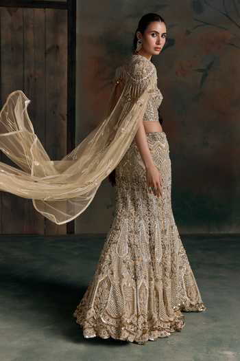 Opus Atelier Multi Color Net, Lycra Sweetheart Neck Embellished Cape Lehenga Set Online at Aza Fashions Opus Atelier_Multi Color Net, Lycra Sweetheart Neck Embellished Cape Lehenga Set _Online_at_Aza_Fashions